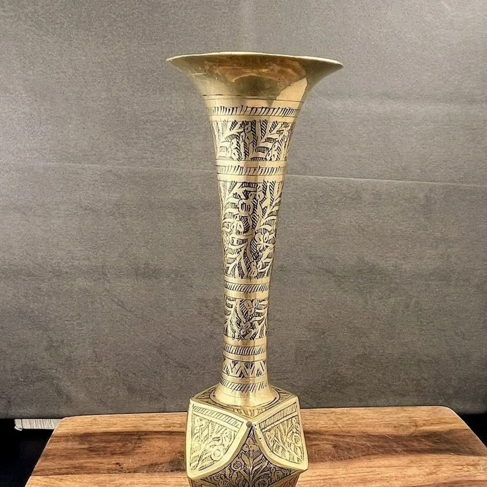 Vintage‎ Floral Brass Pedestal Vase - Made in India